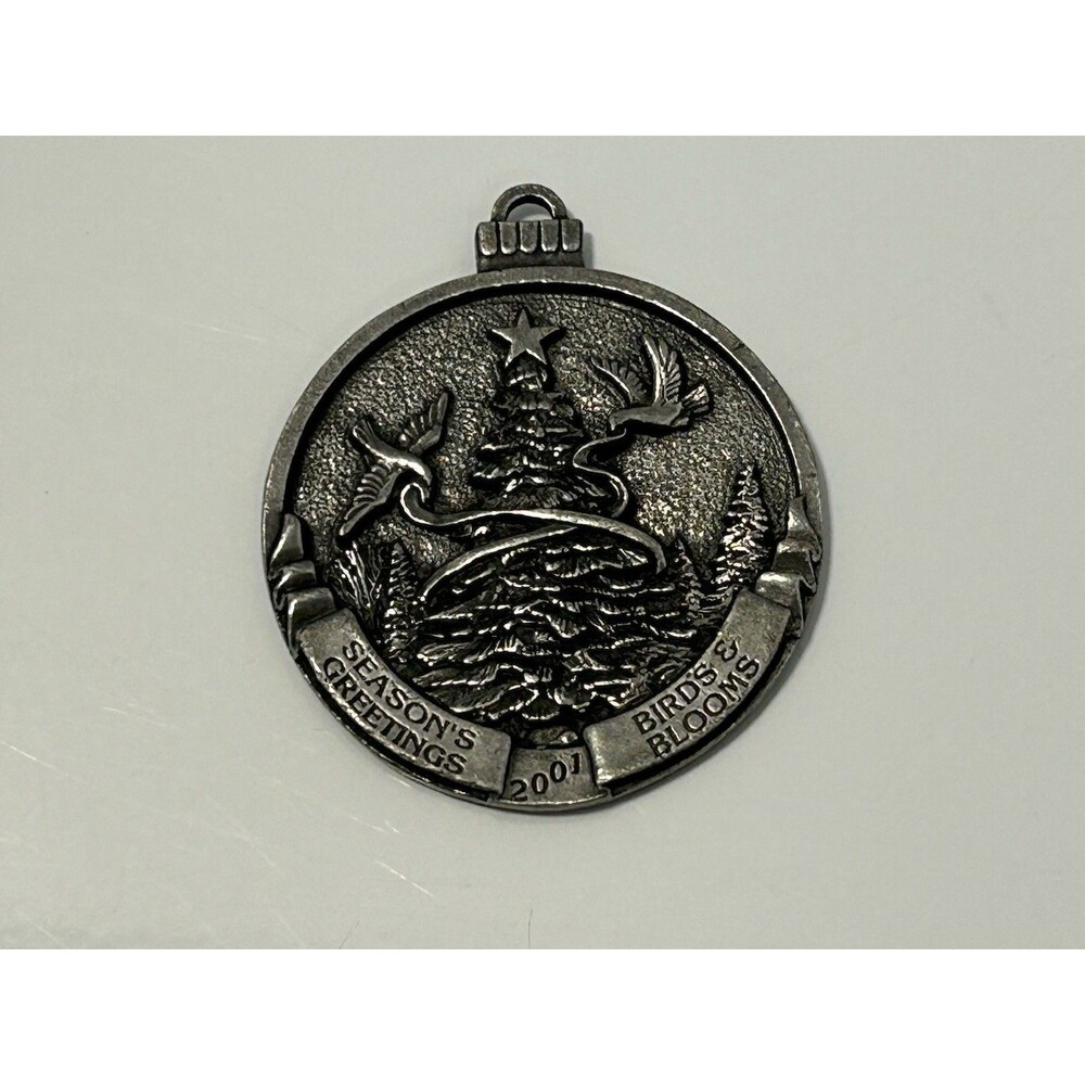 Birds & Blooms Pewter Christmas Ornament VTG 2001 Seasons Greetings ~ 2"